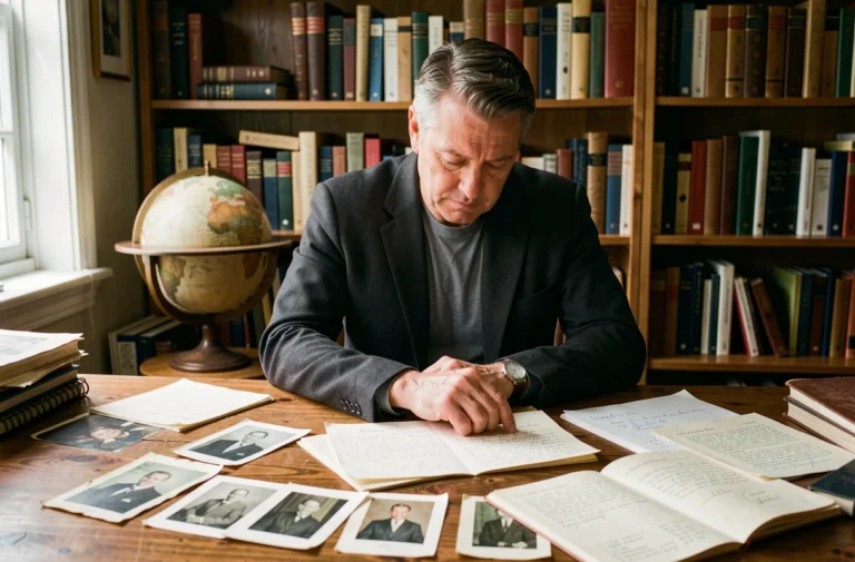 Homme examinant des documents généalogiques et des photos de famille anciennes sur un bureau en bois, ambiance documentaire