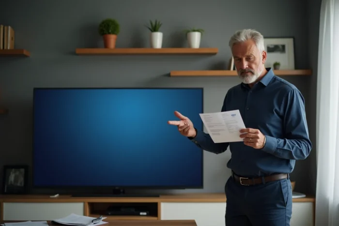 Homme tenant une facture d'abonnement devant un téléviseur éteint suite à une interruption de réception