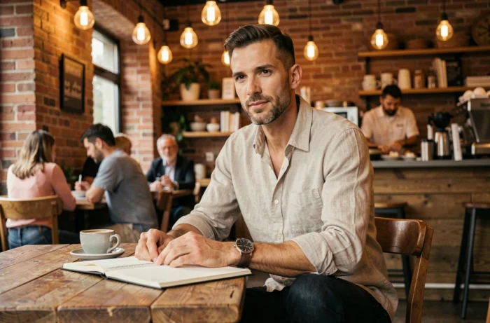 Homme élégant en chemise en lin dans un café artisanal, montre de luxe sur la table, ambiance lifestyle masculin tendance