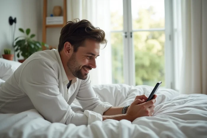 Homme rédigeant un message d'amour moderne sur smartphone dans une chambre minimaliste