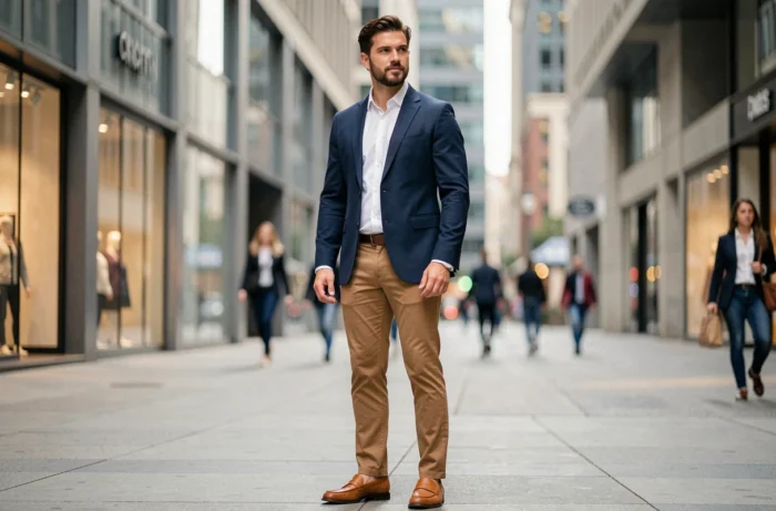 Homme moderne en blazer marine et chinos camel posant dans un environnement urbain contemporain, style mode masculine tendance