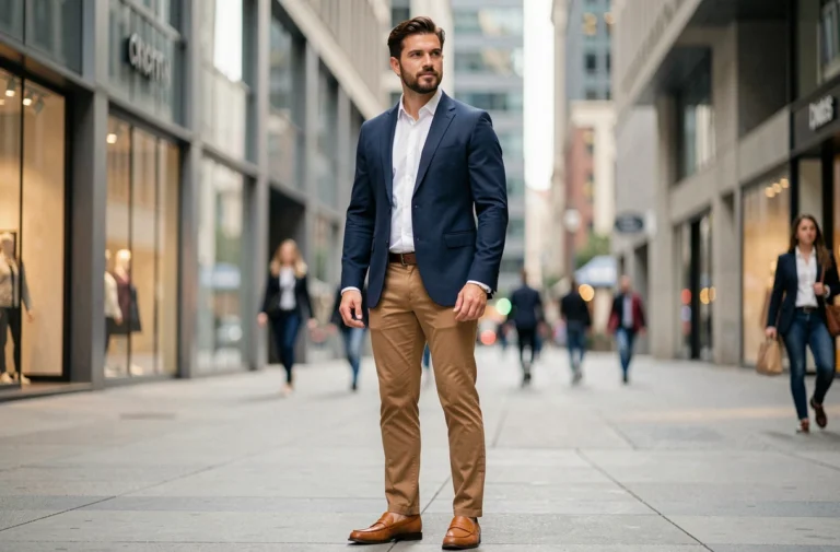 Homme moderne en blazer marine et chinos camel posant dans un environnement urbain contemporain, style mode masculine tendance