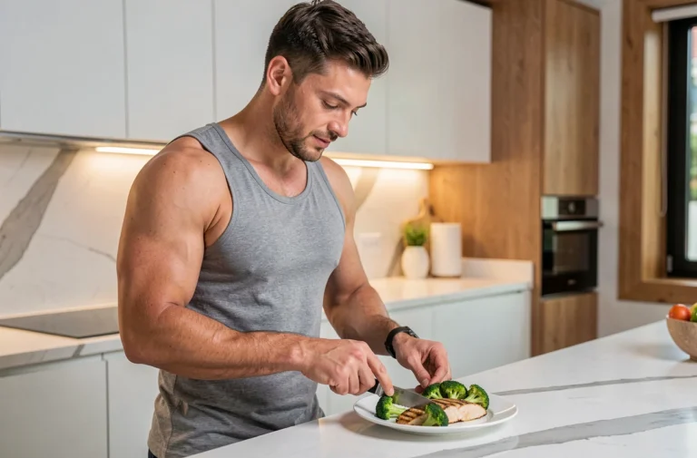 Homme musclé préparant une assiette de poulet grillé et brocoli dans une cuisine moderne après une séance de musculation