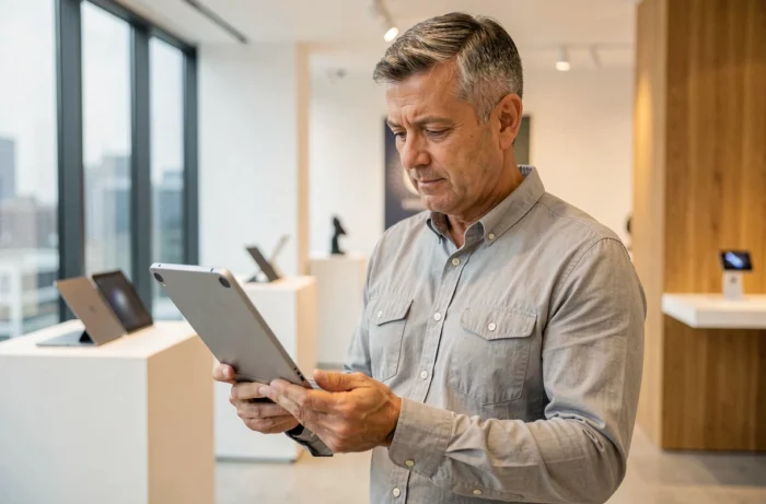 Homme examinant un ordinateur portable pliable dans un showroom technologique moderne reflétant les innovations informatiques de 2024