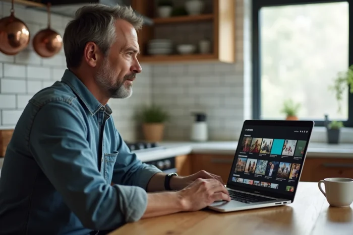 Homme consultant une plateforme de streaming sur ordinateur portable dans une cuisine contemporaine
