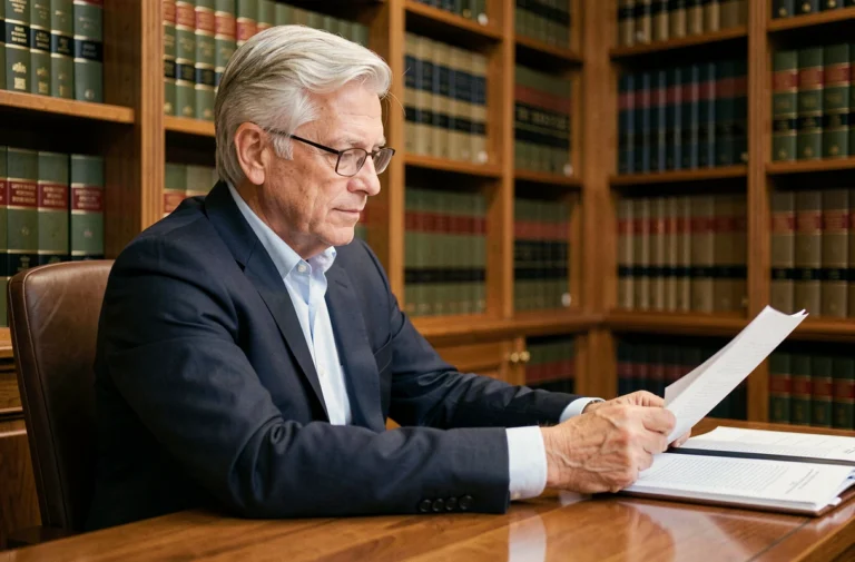 Portrait d'un homme politique senior en costume sombre examinant des documents dans un bureau formel en 2026