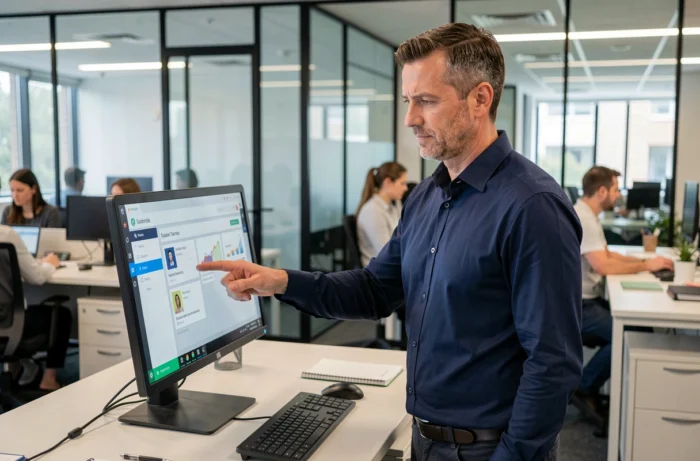 Homme naviguant sur une plateforme de formation professionnelle via un écran tactile dans un bureau en open space
