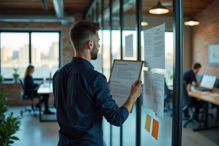 Homme d'affaires analysant une stratégie de contenu pour le commerce en ligne dans un espace de coworking moderne
