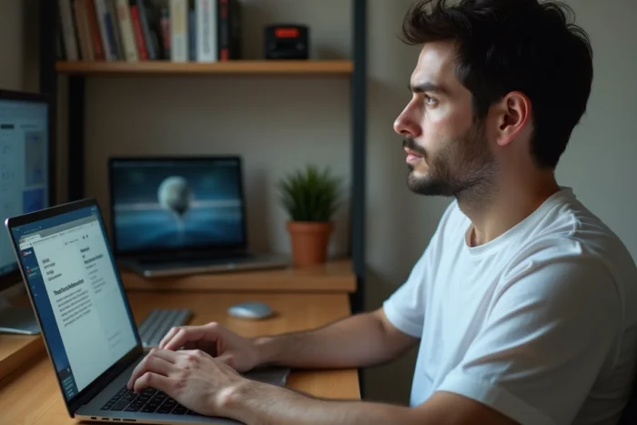 Homme consultant des alternatives de streaming gratuit de films et séries sur un ordinateur portable à son bureau