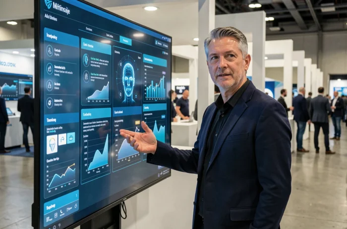 Homme présentant un tableau de bord IA interactif lors d'un salon technologique