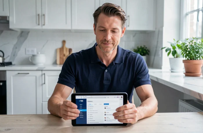 Homme consultant le plan de navigation du site Happy Family sur une tablette dans une cuisine moderne