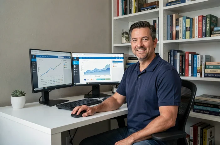 Homme en télétravail accédant à des formations et services d'accompagnement en ligne depuis son bureau à domicile