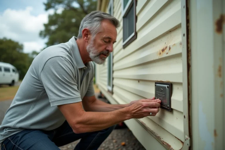 Homme examinant la plaque d'identification d'un mobil-home pour identifier son année de fabrication