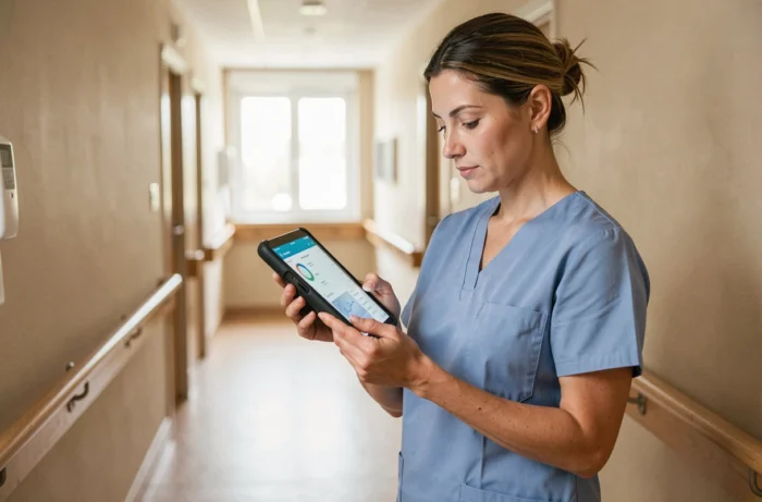 Infirmière en EHPAD consultant le logiciel Netsoins DomusVi sur une tablette dans un couloir de maison de retraite