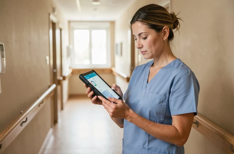 Infirmière en EHPAD consultant le logiciel Netsoins DomusVi sur une tablette dans un couloir de maison de retraite