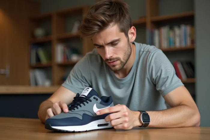 Homme inspectant l'étiquette intérieure d'une chaussure Nike avec code UPC pour détecter une contrefaçon