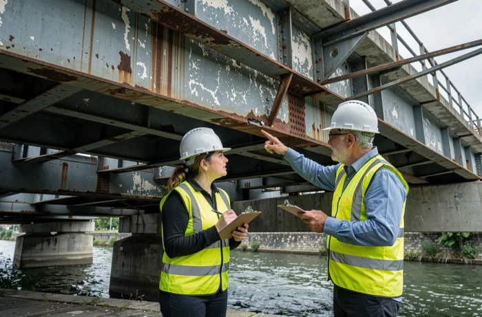 Deux ingénieurs inspectant une structure de pont métallique corrodée lors d'un diagnostic de travaux anticorrosion