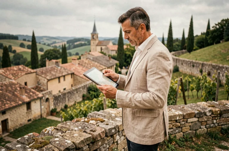 Investisseur immobilier analysant une carte de terrain sur les coteaux viticoles français avec vue sur un village provençal