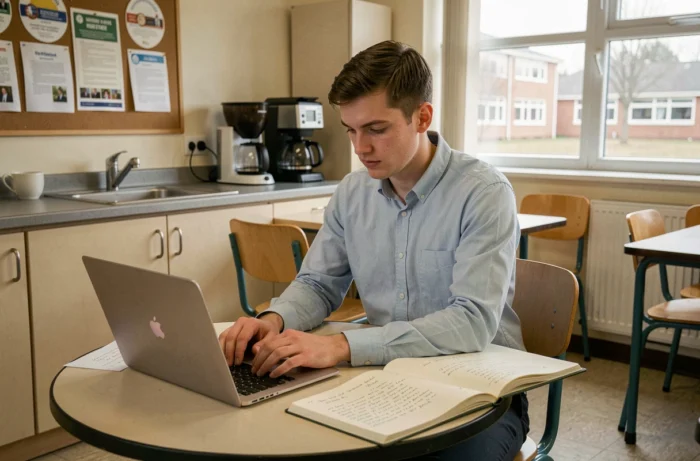 Jeune enseignant consultant les textes officiels du bulletin de l'éducation nationale sur un ordinateur
