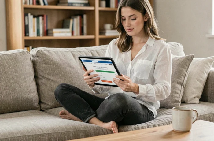 Jeune femme recherchant une formation sur une tablette depuis son salon, interface de navigation visible à l'écran