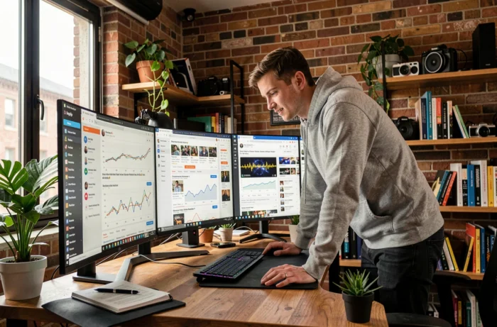 Jonge man in een thuiskantoor omringd door schermen die digitale trends en nieuws tonen