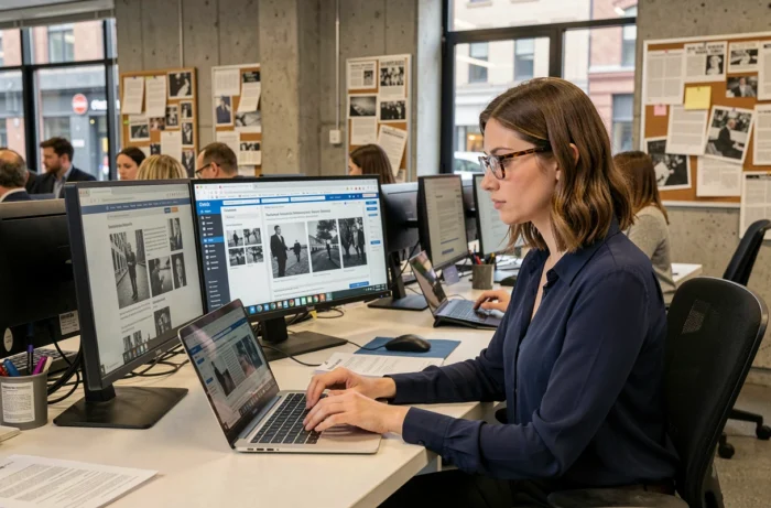 Journaliste professionnelle effectuant des recherches dans une salle de rédaction moderne sur l'origine d'une personnalité publique