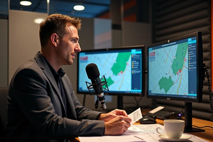 Journaliste de trafic en studio radio consultant une carte en temps réel des perturbations sur la rocade de Rennes