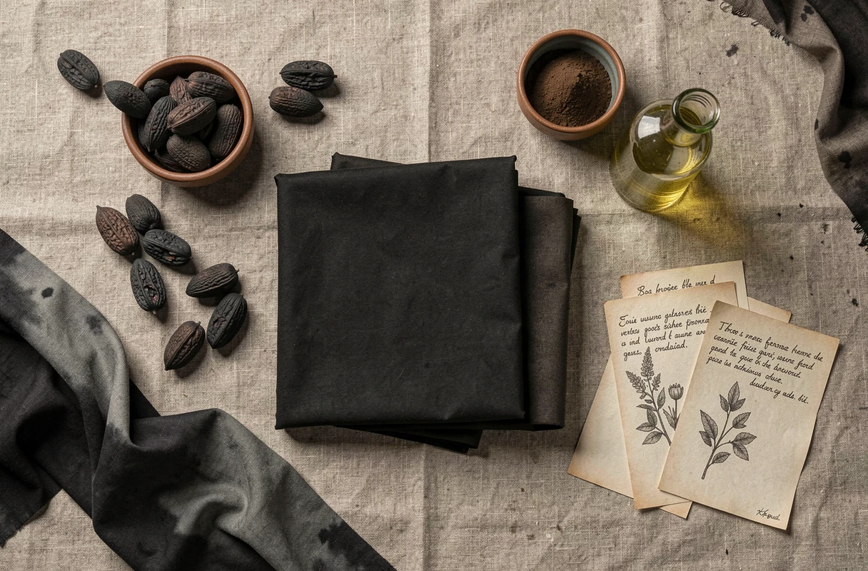Vue aérienne d'un kit de teinture noire écologique avec ingrédients naturels, noix, poudre de fer et recettes artisanales sur fond de lin
