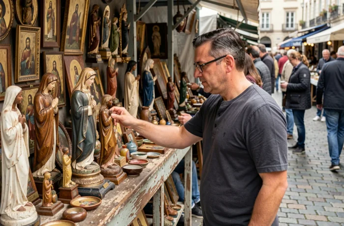 Uomo hagietomamofilo che esplora un mercato delle pulci alla ricerca di statue religiose in legno e ceramica