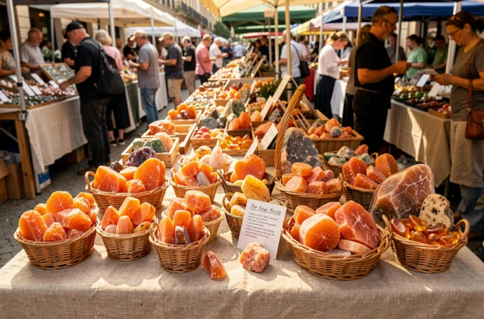 Étal de marché en plein air présentant des pierres oranges — calcite, cornaline brute et ambre — dans des paniers en osier sur un tissu de lin, avec des fiches descriptives manuscrites, photographié en grand angle.