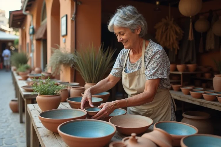 Femme grecque arrangeant des céramiques artisanales sur un étal de marché traditionnel à Corinthe