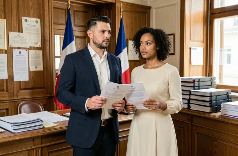 Couple devant l'officier d'état civil en mairie pour un mariage après une OQTF en France