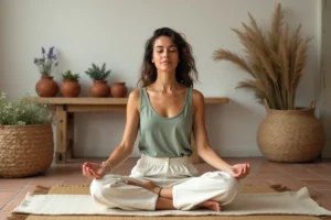 Femme pratiquant la méditation dans un espace de bien-être naturel entouré de plantes médicinales et d'herbes aromatiques séchées