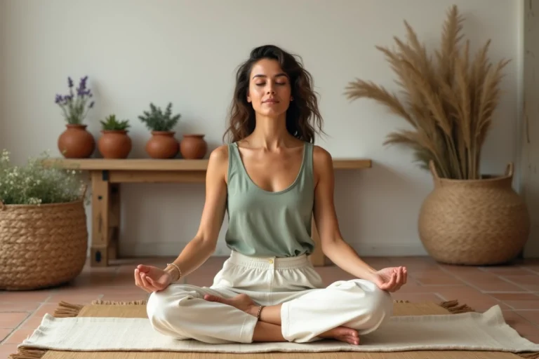 Femme pratiquant la méditation dans un espace de bien-être naturel entouré de plantes médicinales et d'herbes aromatiques séchées