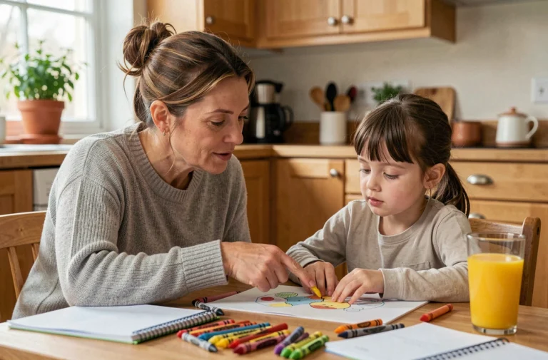 Mère aidant sa fille à faire ses devoirs à la table de cuisine dans un cadre familial chaleureux et naturel