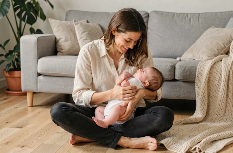 Jeune mère assise sur un parquet en chêne tenant tendrement son bébé dans un salon scandinave lumineux
