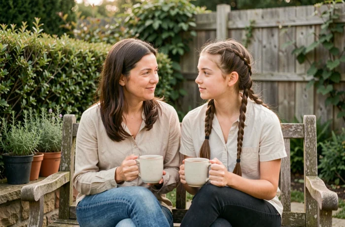 Mère et fille adolescente partageant un moment de discussion paisible dans le jardin, relation familiale épanouie