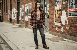 Jeune femme en tenue grunge années 1994 avec chemise à carreaux, jean mom et bottines Doc Martens dans une rue urbaine