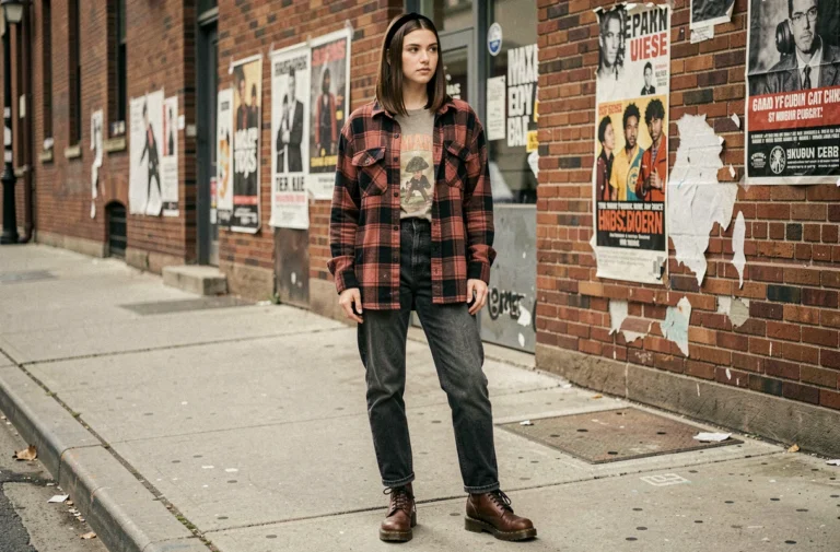 Jeune femme en tenue grunge années 1994 avec chemise à carreaux, jean mom et bottines Doc Martens dans une rue urbaine