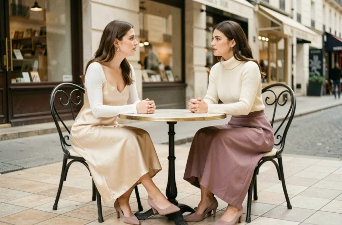 Deux femmes en tenue minimaliste chic des années 1994 avec robe nuisette et pull côtelé, assises à une terrasse de café parisienne