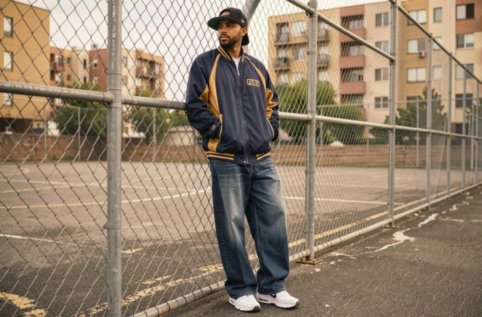 Homme en tenue streetwear hip-hop années 1994 avec veste de survêtement baggy, jean large et casquette snapback dans une cour de basketball