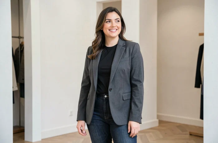 Femme morphologie poire portant un blazer structuré et un jean taille haute dans une boutique parisienne