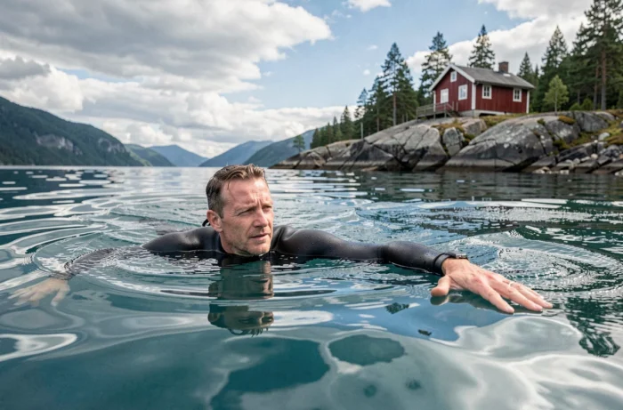 Homme en combinaison de plongée nageant dans un fjord norvégien avec un chalet traditionnel en arrière-plan