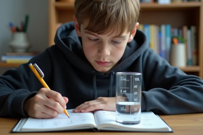 Adolescent prenant des notes de conversion entre millilitres et litres avec un cylindre gradué de 400 ml et une bouteille d'un litre sur un bureau scolaire