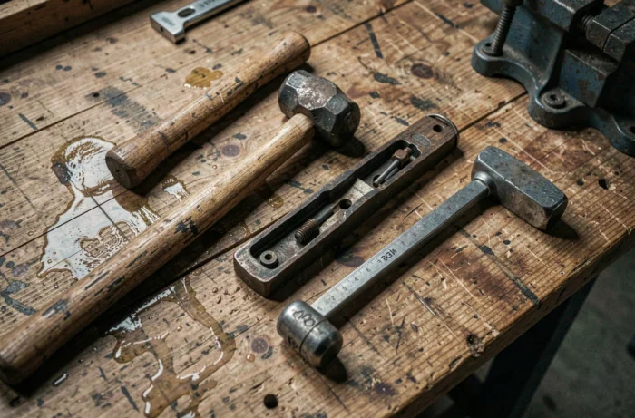 Vue à plat d'outils de bricolage en M sur un établi en bois usé, incluant maillet, scie à onglets et jauge de marquage