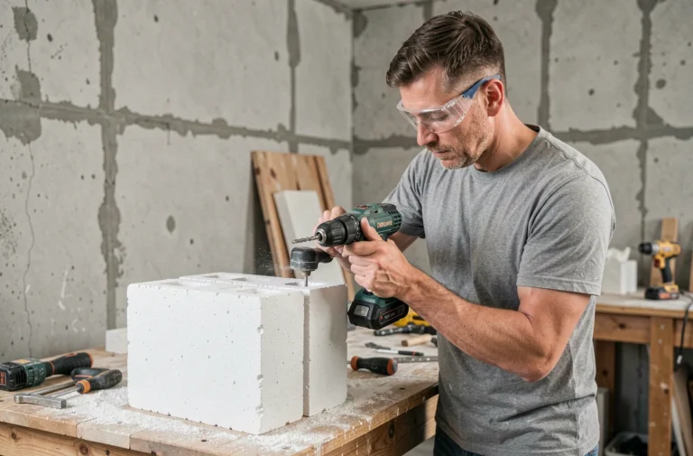 Artisan perçant un bloc de béton cellulaire avec une perceuse sans fil dans un atelier de rénovation