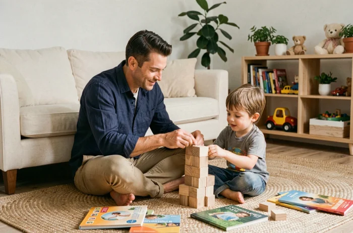 Père et fils jouant ensemble avec des blocs de bois dans un salon familial aménagé avec soin