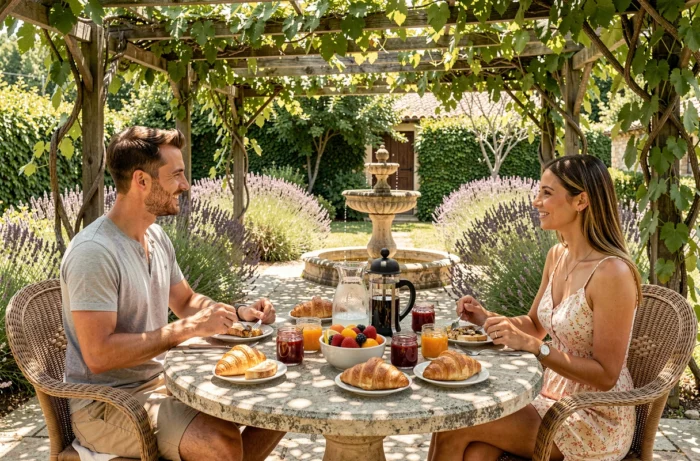 Deux voyageurs savourant un petit-déjeuner authentique sur la terrasse ensoleillée d'une maison d'hôtes provençale entourée de lavande