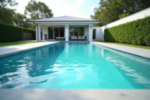 Piscine rectangulaire Desjoyaux enterrée dans un jardin résidentiel avec terrasse en composite gris