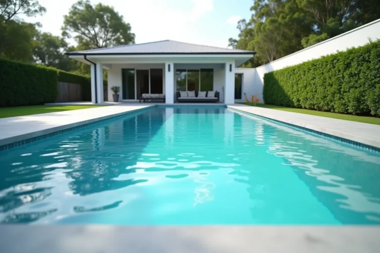 Piscine rectangulaire Desjoyaux enterrée dans un jardin résidentiel avec terrasse en composite gris